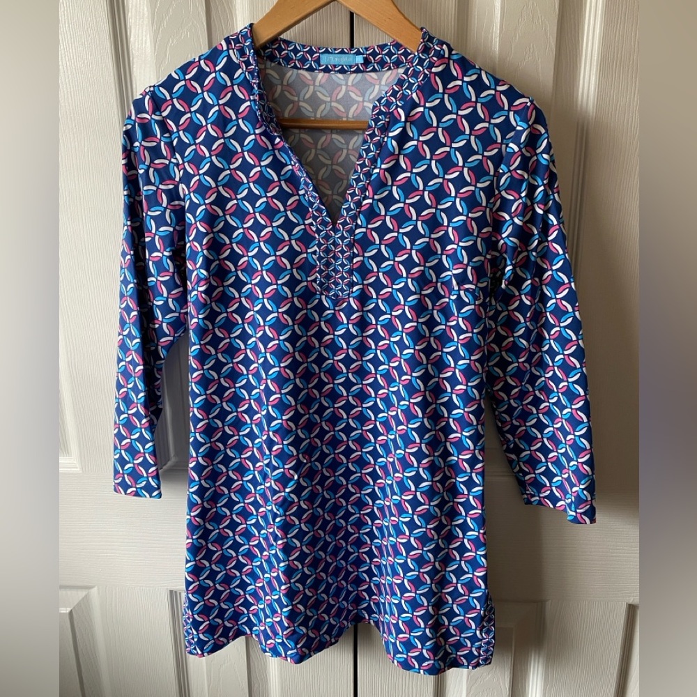 J.McLaughlin Blue/Pink Chain Catalina Cloth Notch Neck 3/4 Sleeve Tunic‎ SZ XS